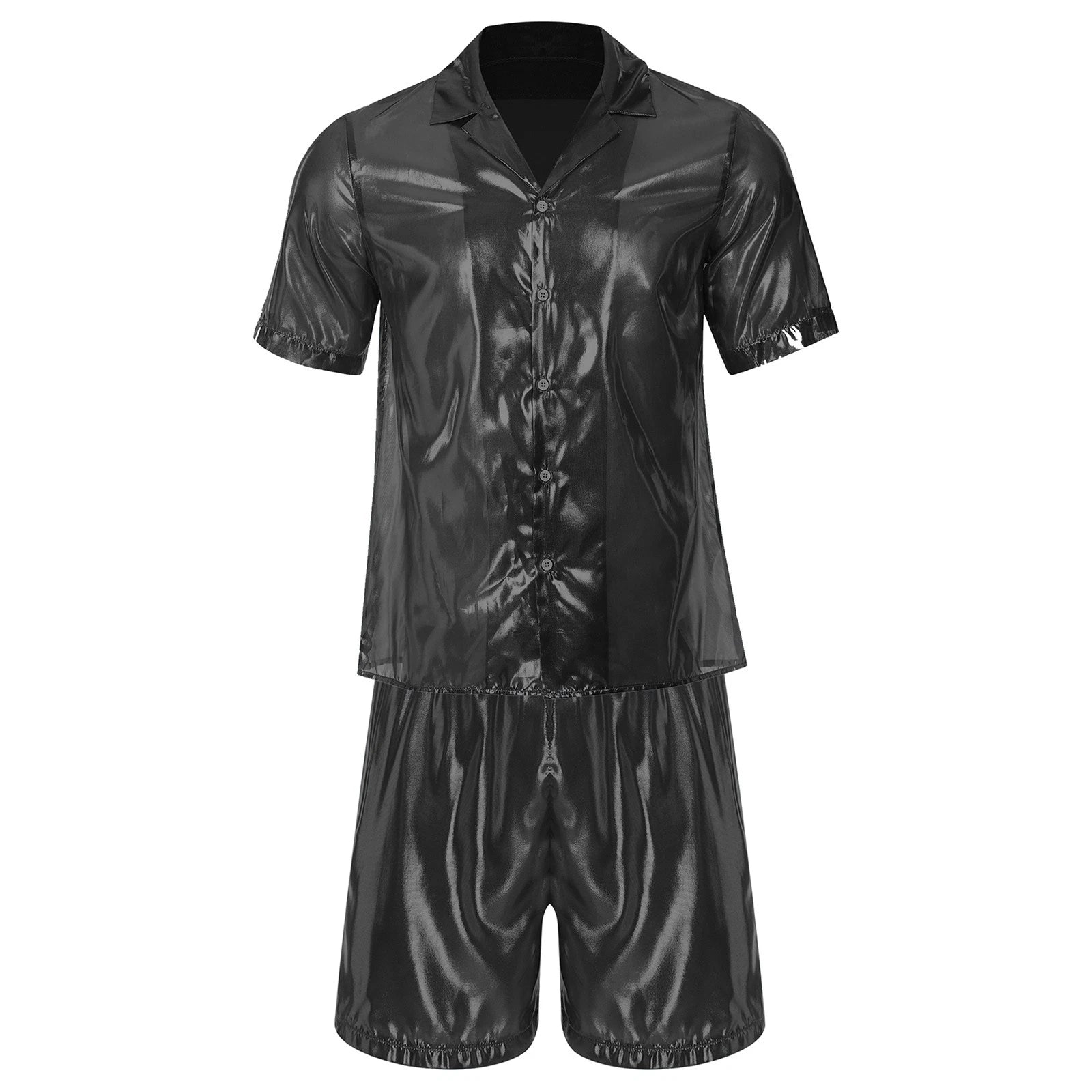Men Shiny Glossy See-Through Metallic Chiffon Jumpsuit Bodysuit /Pajama Set