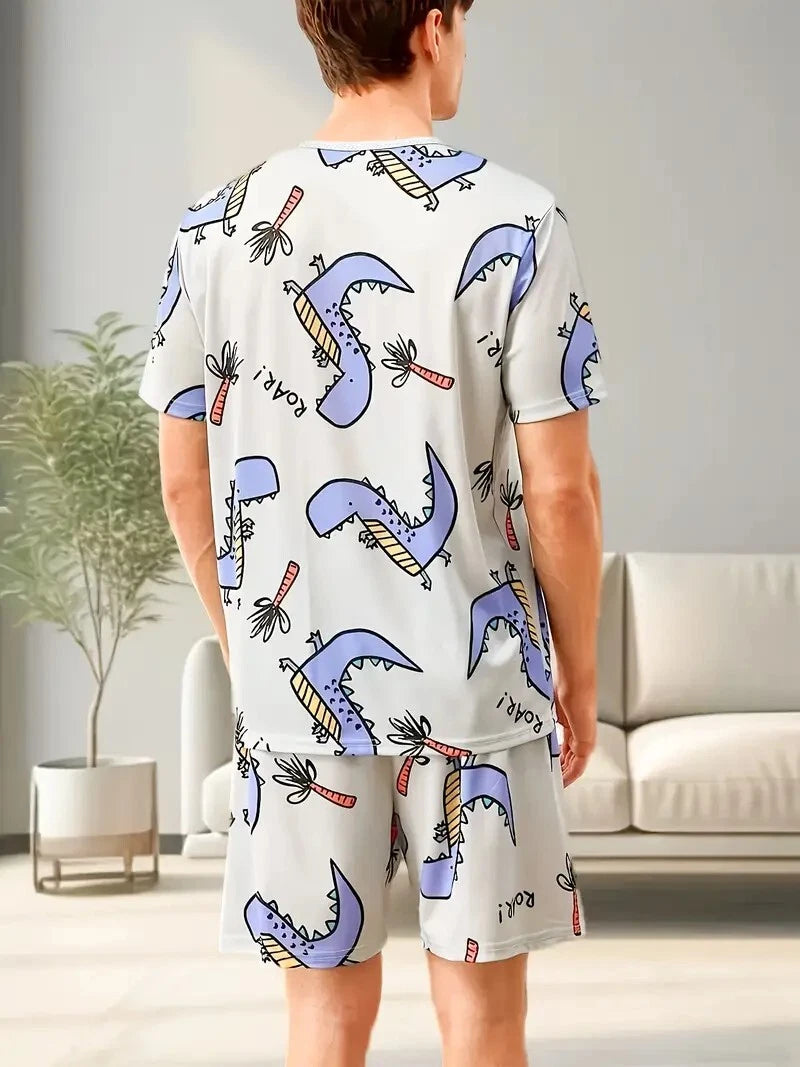 New Men's Dinosaur Pajama Set Short Sleeve & Shorts Comfy Soft- Size M to XXL -