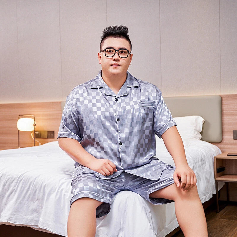 Men's Short Sleeve Satin Pajama Set with Shorts Plus Size 5XL Mens Nightgown