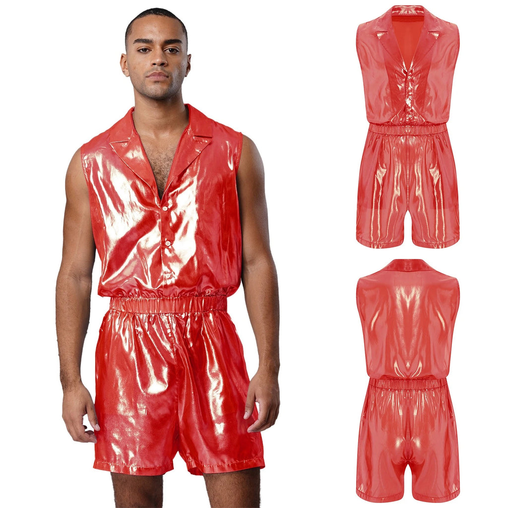 Men Shiny Glossy See-Through Metallic Chiffon Jumpsuit Bodysuit /Pajama Set