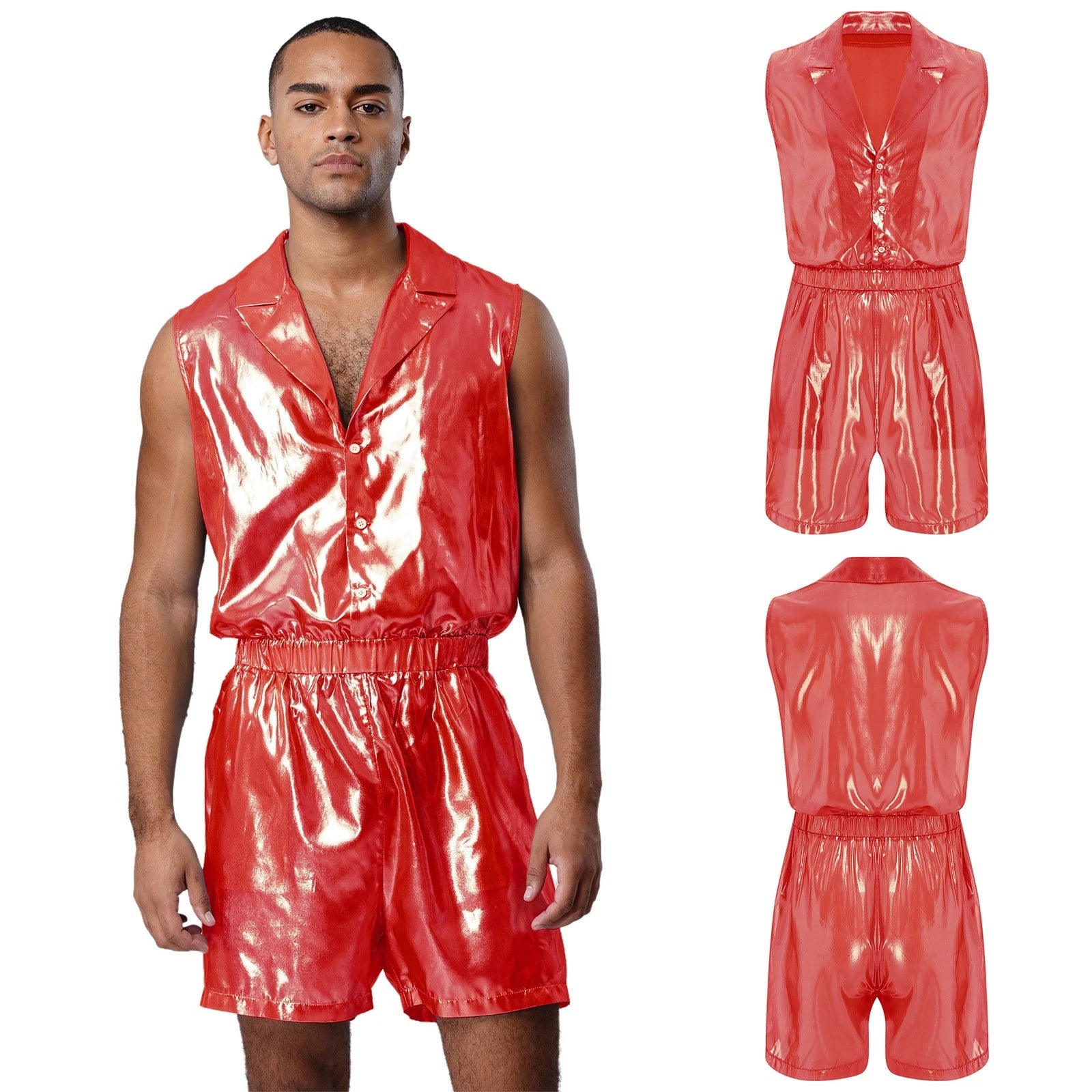 Men Shiny Glossy See-Through Metallic Chiffon Jumpsuit Bodysuit /Pajama Set