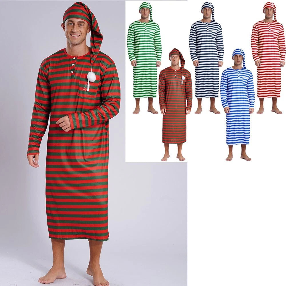 Men's Pajamas Set Long Sleeve Striped Robe Round Neck Loose Sleepwear with Hat
