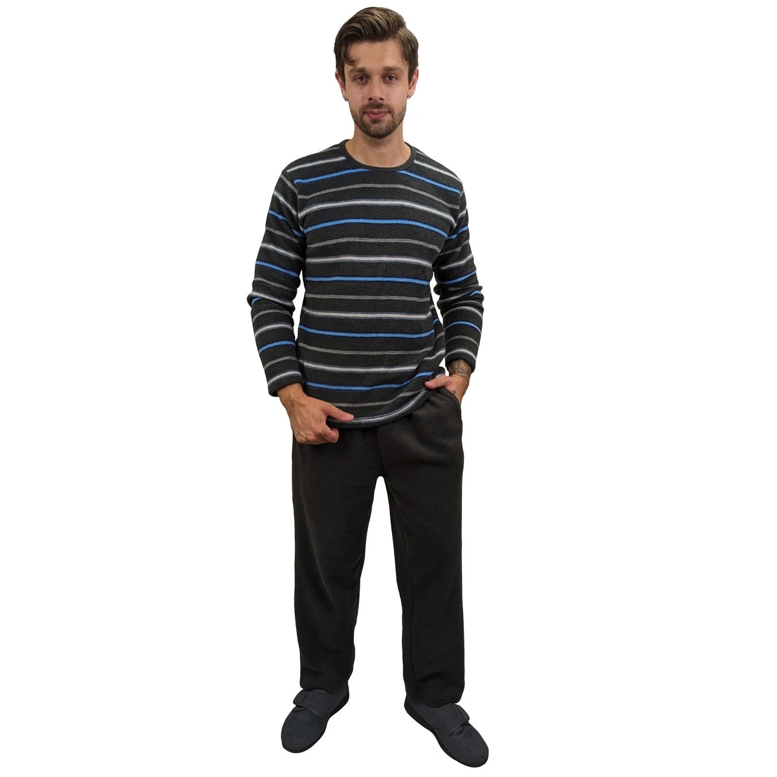 Mens Fleece Warm Soft Pyjamas Striped PJ Set Nightwear Nightsuit Pyjama S-4XL