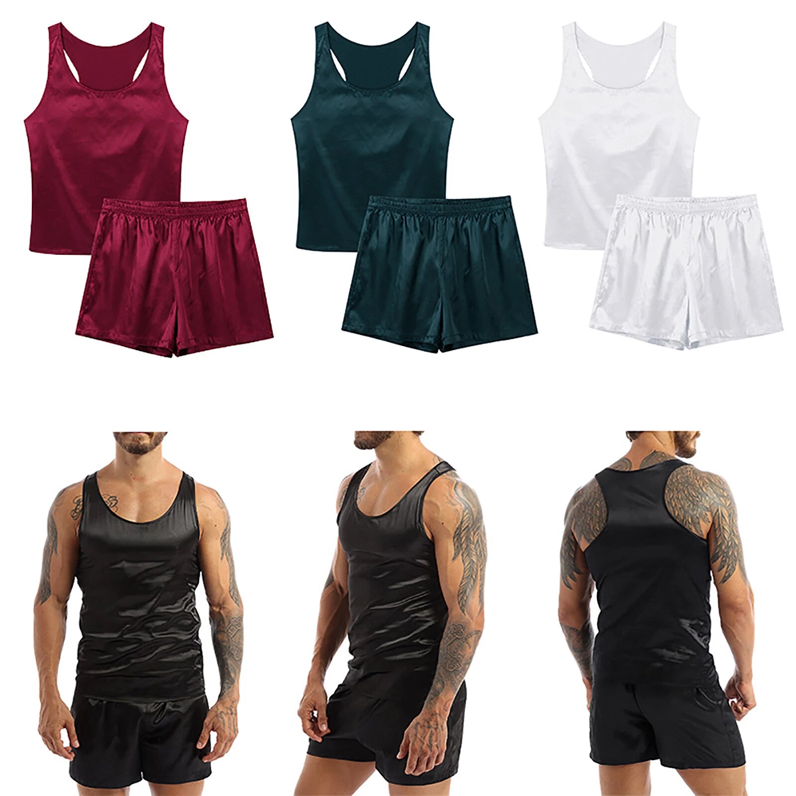 Men's Satin Pajamas Set Soft Silky Loungewear Nightwear Shirts Top with Shorts