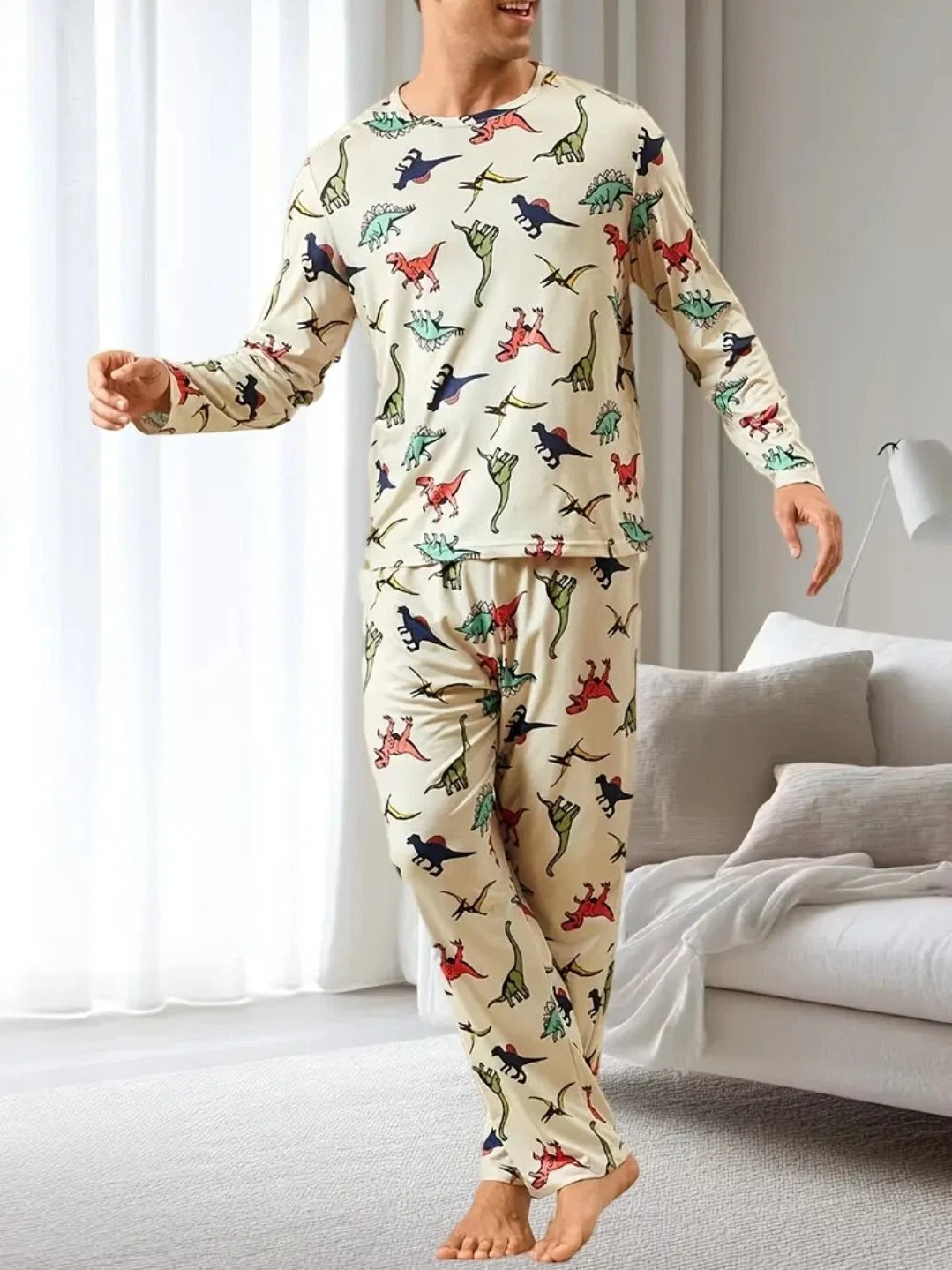New Men's Dinosaur Pajama Set Long Sleeve & Long Pants Comfy - Size M to XXL -