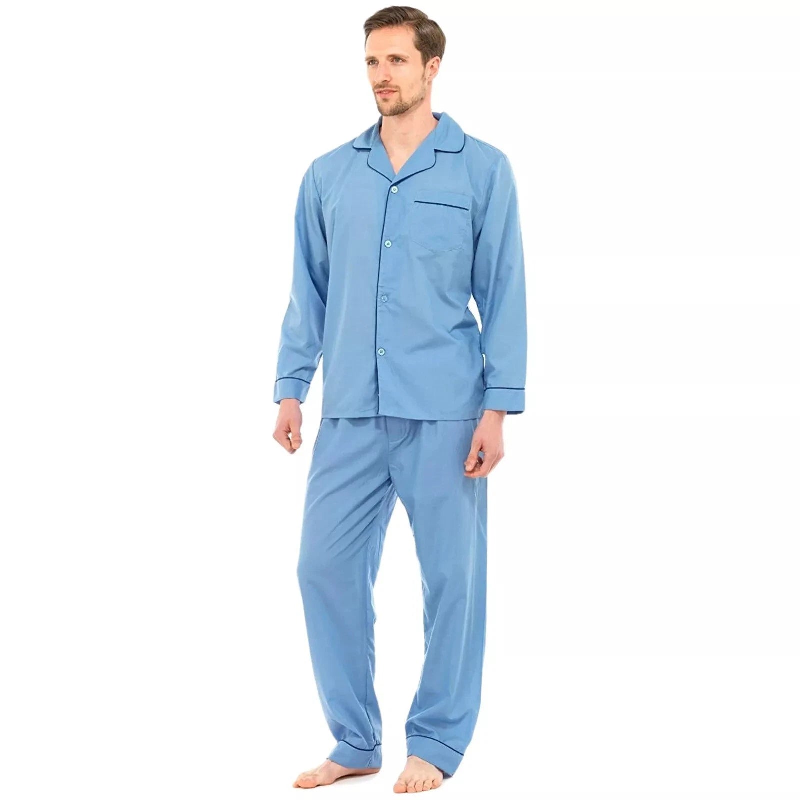 Mens 2 Piece Pyjama Set Long Sleeve Button Up Top & Pants Sleepwear Nightwear