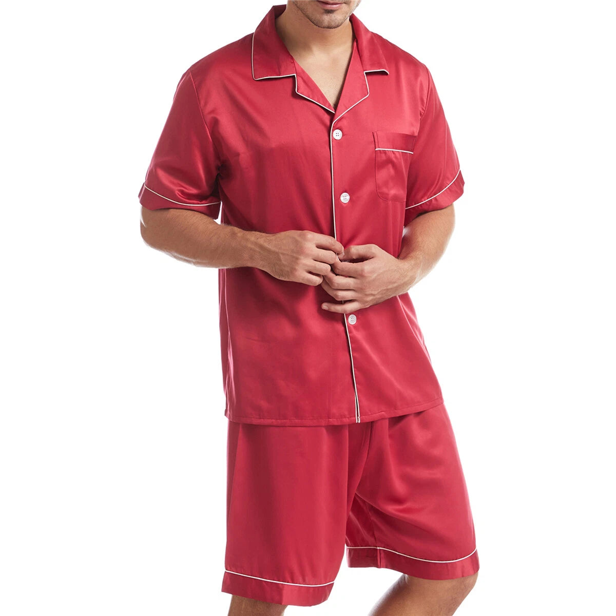 Men Satin Pajamas Set Shorts + Shirt Sleepwear Lounge Nightwear Buttons Outfit