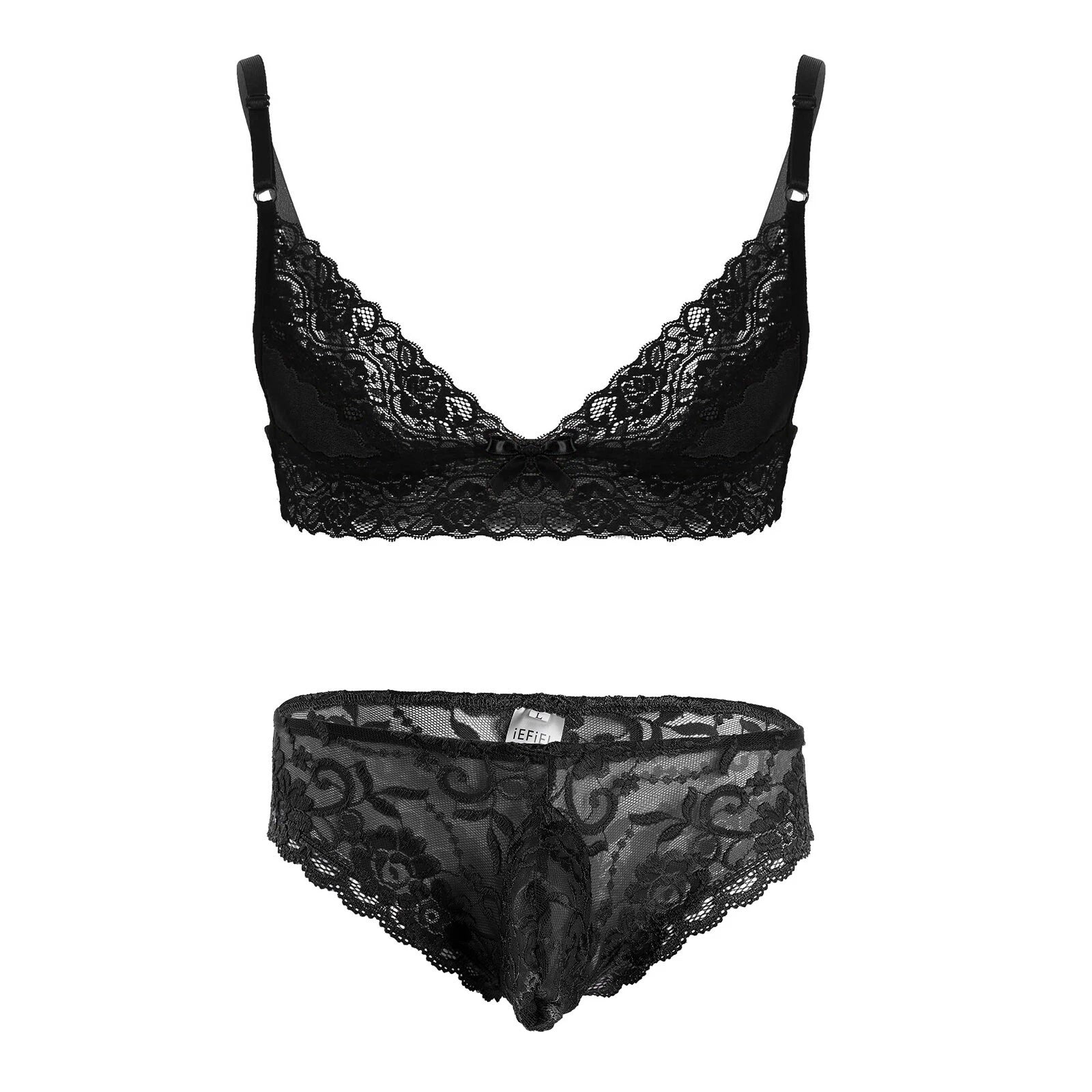 Men Ruffled Lingerie Set Cami Straps Bandeau Bra Thong 2Pcs Crossdresser Pajamas