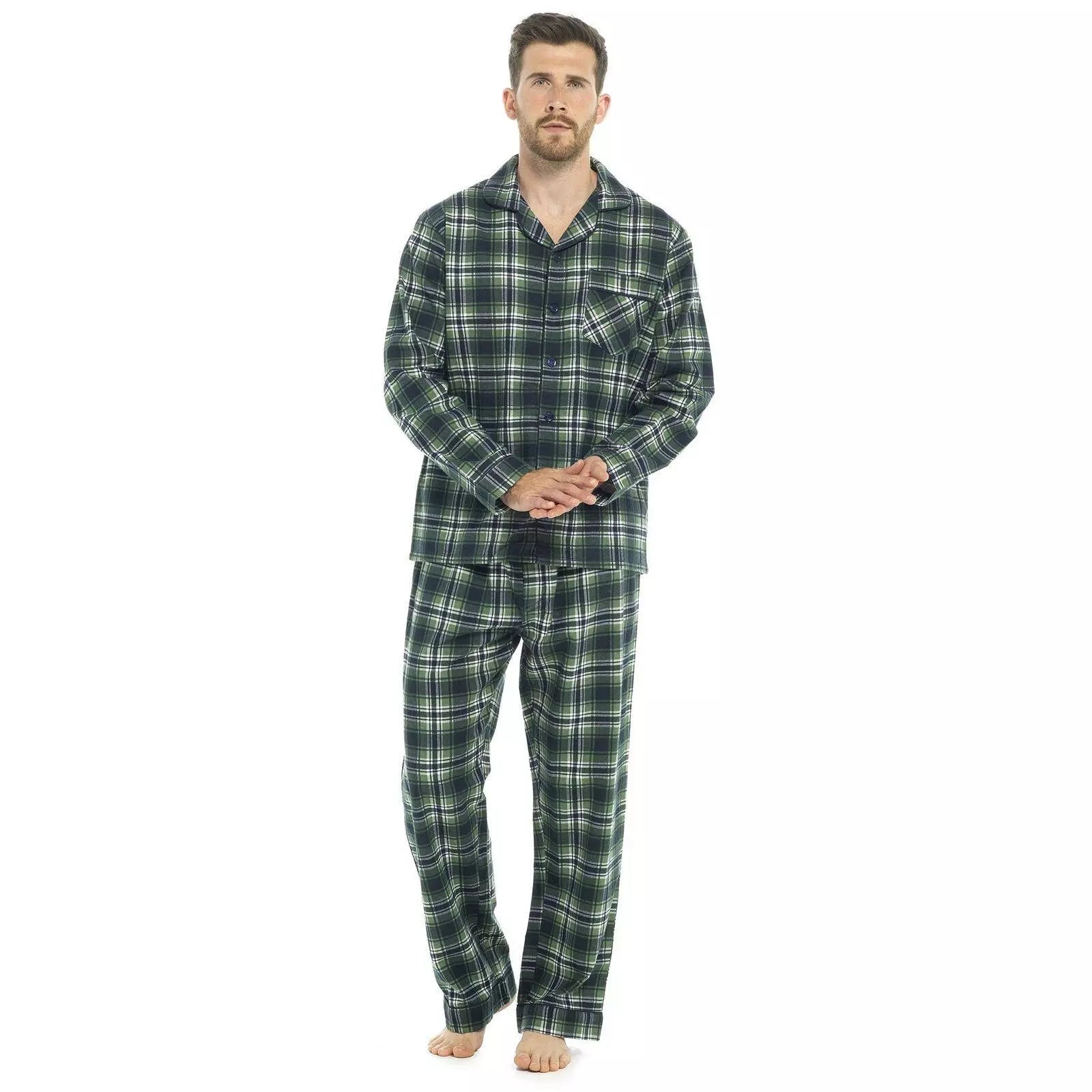 Mens 100% Brushed Cotton Flannel Check Stripe Pyjamas Pyjama Set Traditional PJs