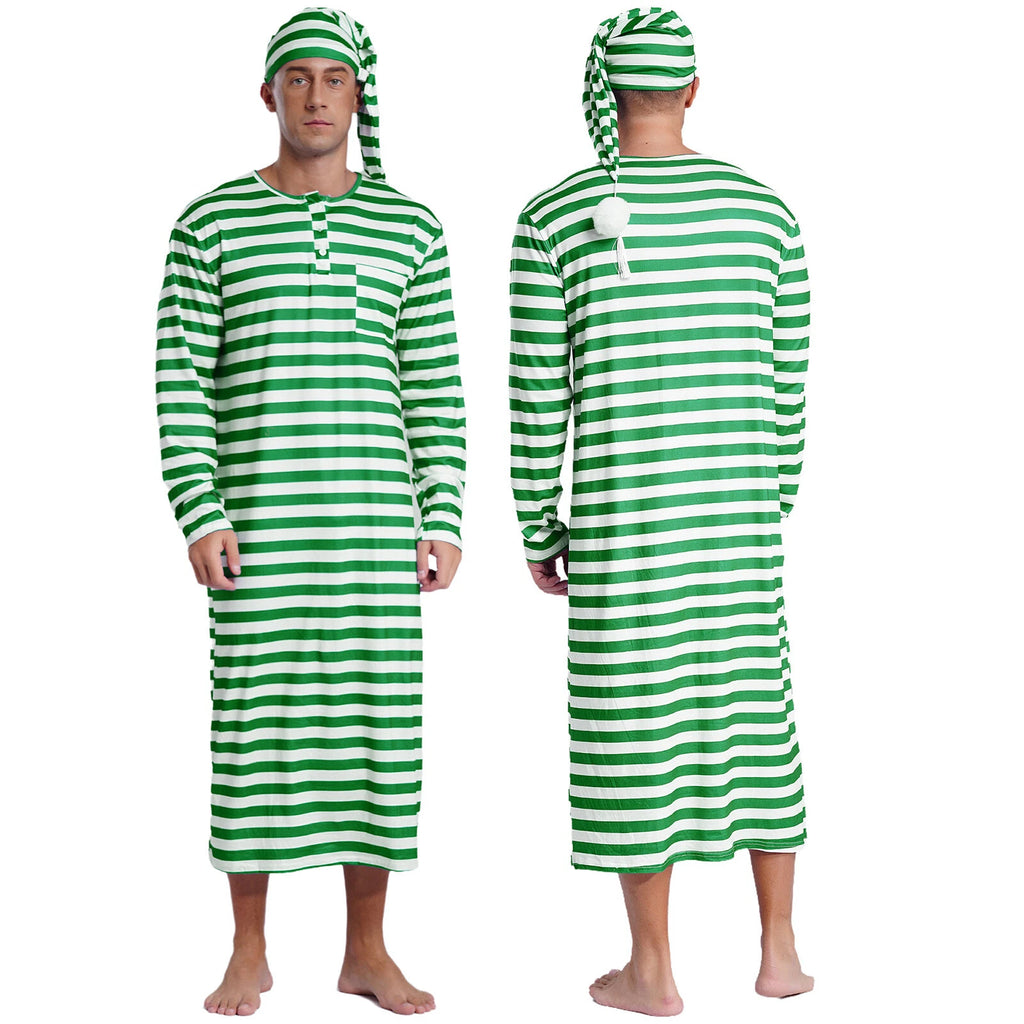 Men's Pajamas Set Long Sleeve Striped Robe Round Neck Loose Sleepwear with Hat