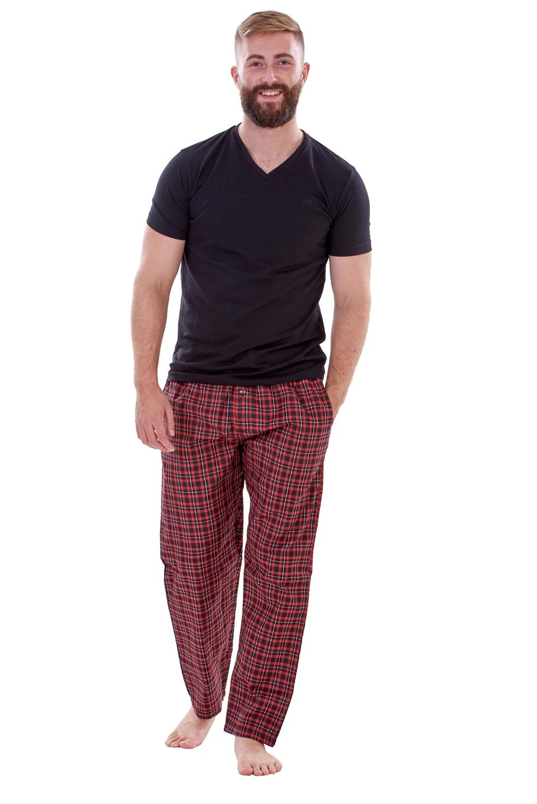Mens Nightwear Pyjama Set Woven Cotton Check Jersey Top Loungewear Lightweight