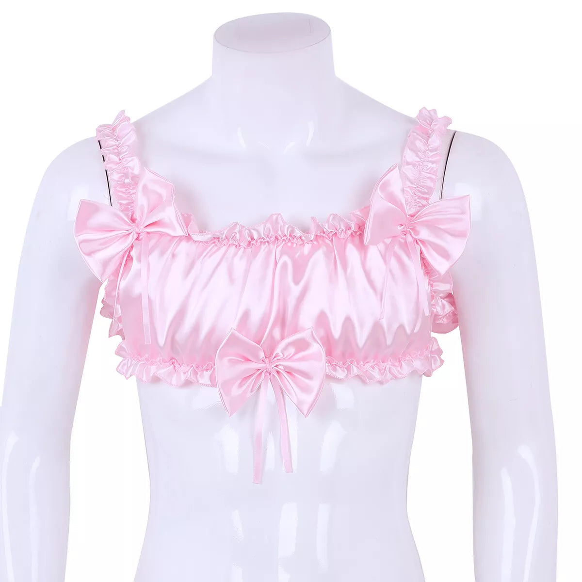 Men Ruffled Lingerie Set Cami Straps Bandeau Bra Thong 2Pcs Crossdresser Pajamas