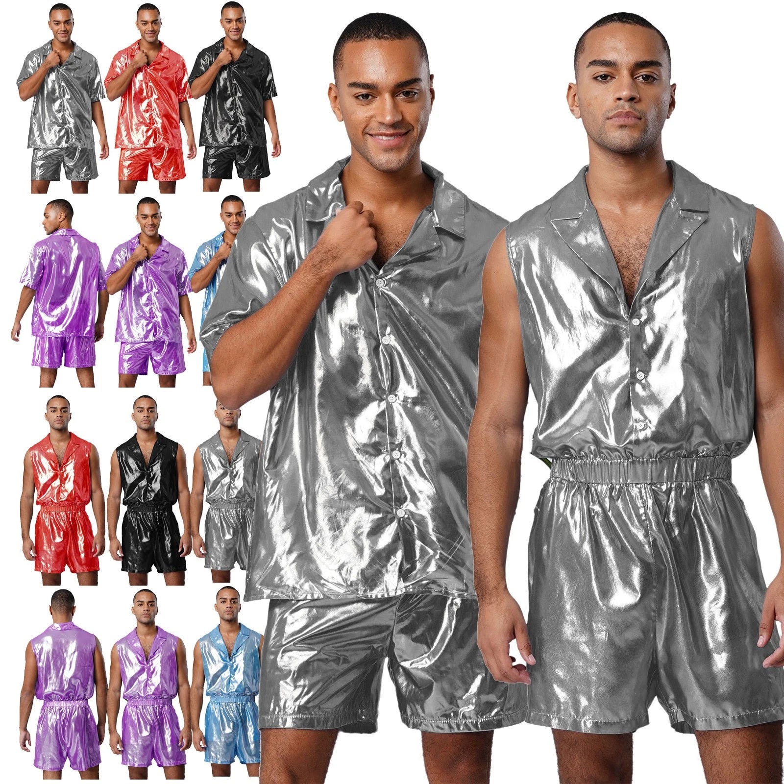 Men Shiny Glossy See-Through Metallic Chiffon Jumpsuit Bodysuit /Pajama Set