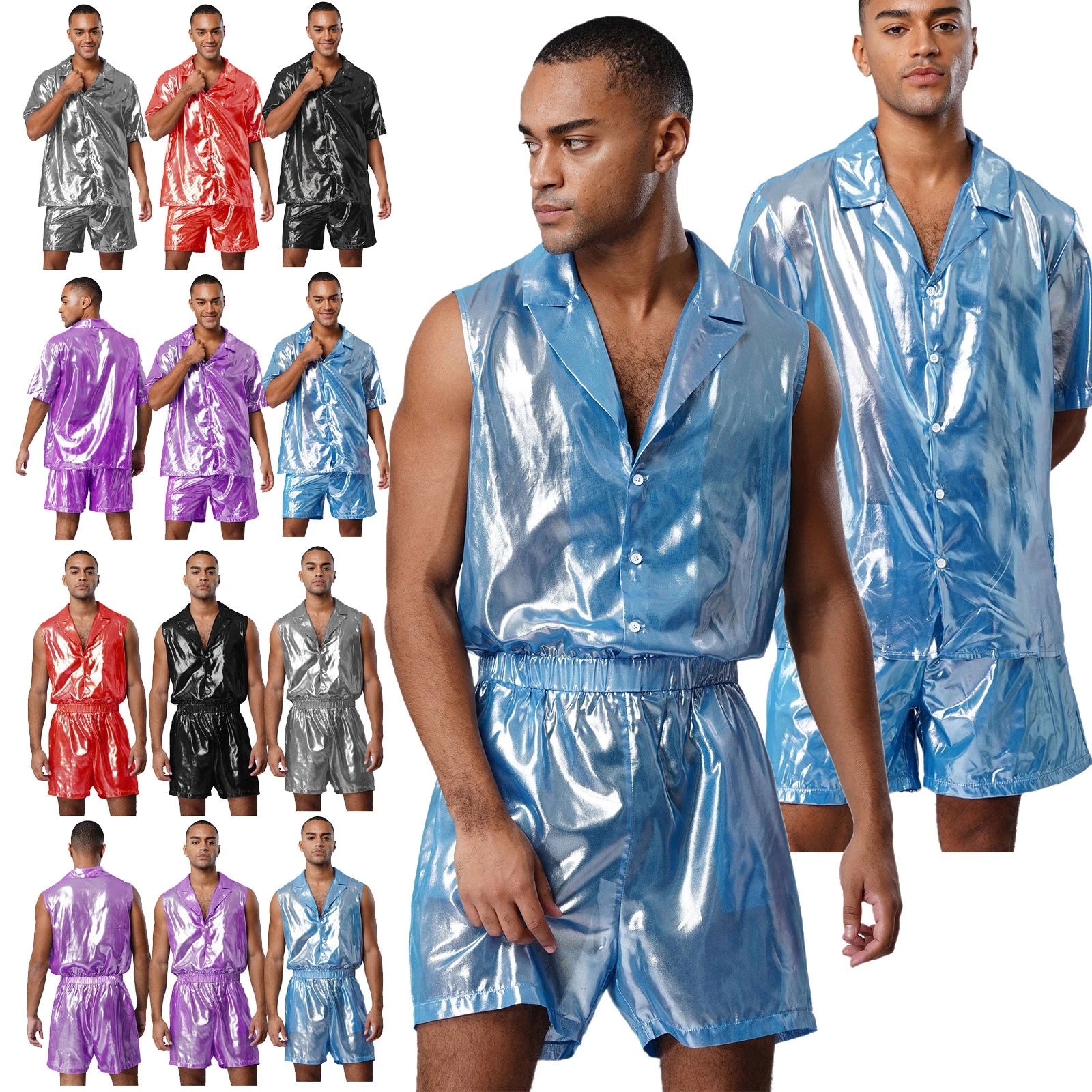 Men Shiny Glossy See-Through Metallic Chiffon Jumpsuit Bodysuit /Pajama Set