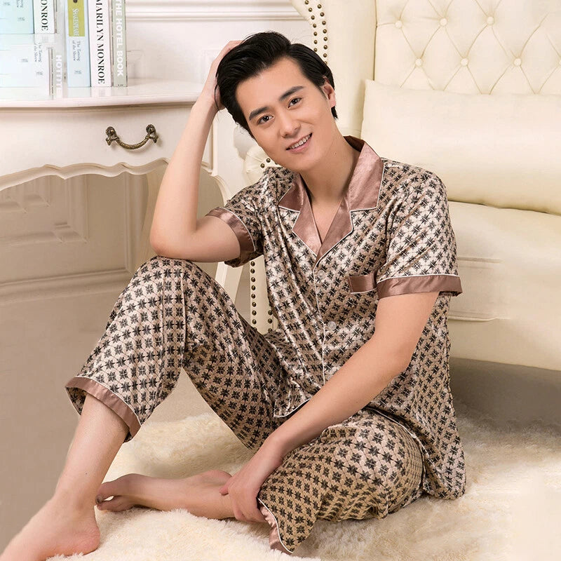Luxury Mens Silk Satin Pajamas Set Soft Pyjamas Long Sleeve Sleepwear Loungewear