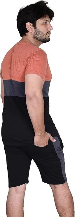 Mens Contrast Panel T-Shirt Shorts Set Summer Tracksuit 2 Pcs loungewear S-3XL