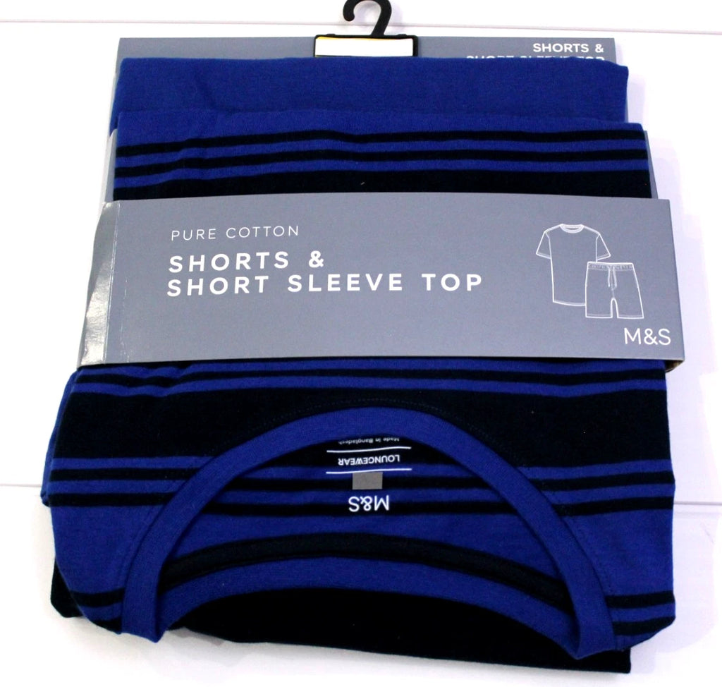 M & S Mens Pure Cotton Loungewear Top & Shorts Shortie PJ Set Pyjamas ~ L XL XXL