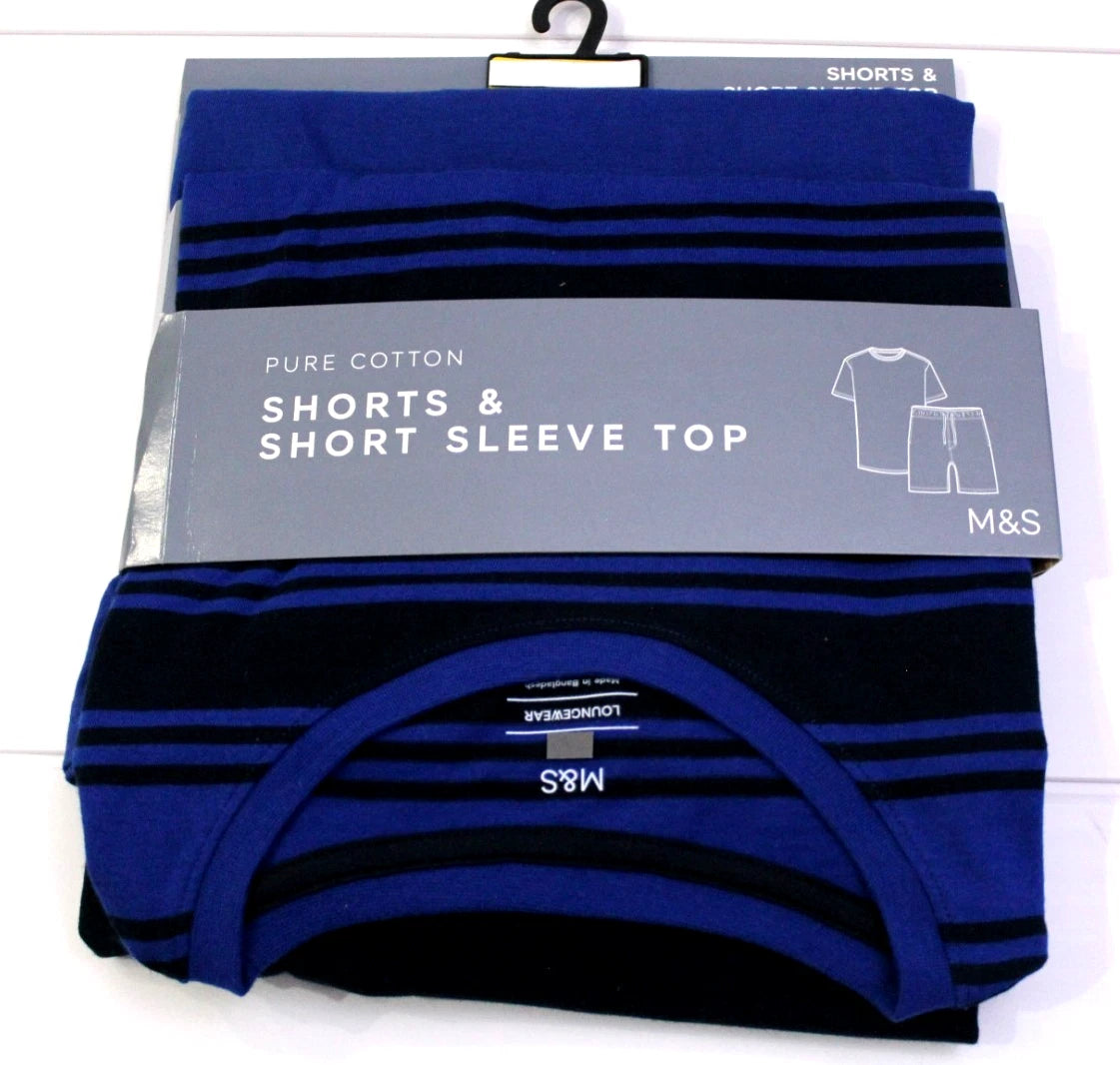 M & S Mens Pure Cotton Loungewear Top & Shorts Shortie PJ Set Pyjamas ~ L XL XXL