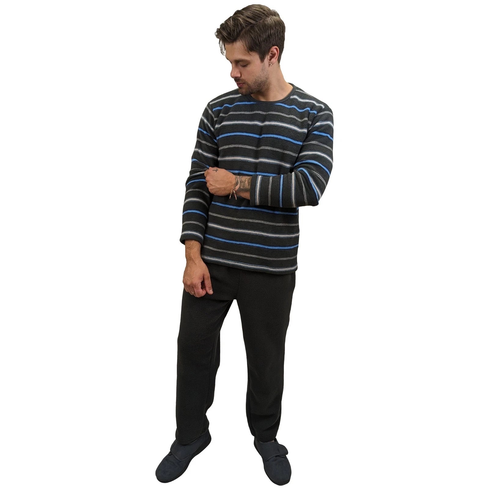 Mens Fleece Warm Soft Pyjamas Striped PJ Set Nightwear Nightsuit Pyjama S-4XL