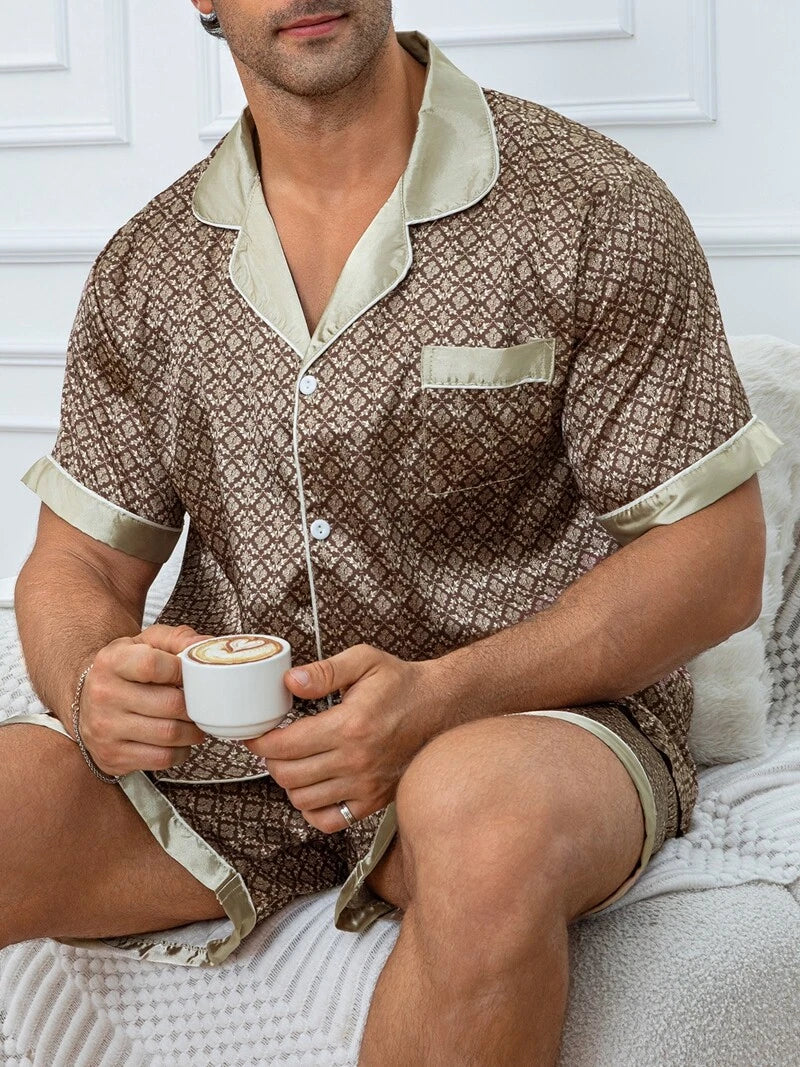 Mens Silk Satin Pyjamas Pj Set Top and Shorts Sleepwear Nightwear Casual Pijamas