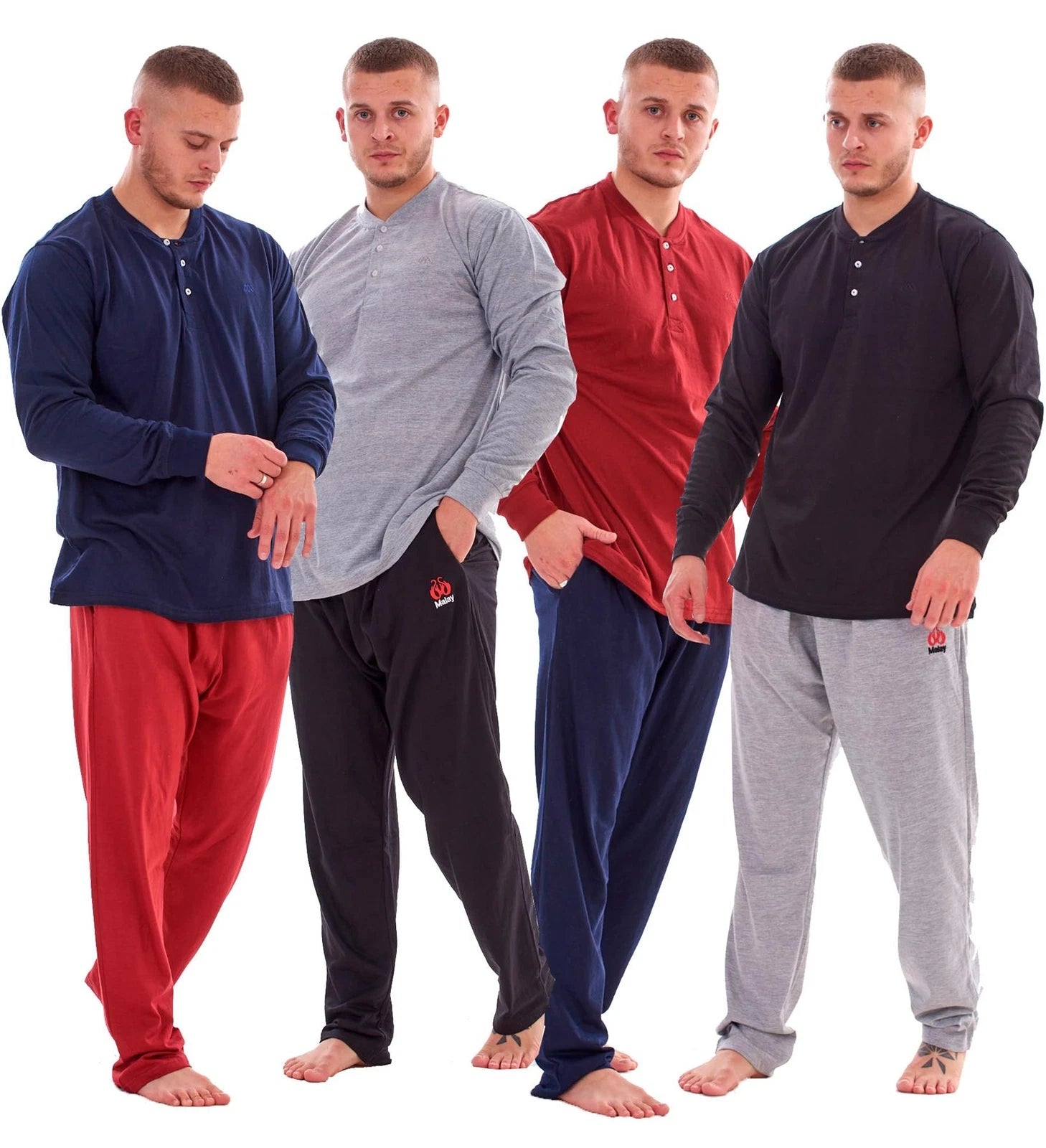 Mens Pyjama Set Cotton Jersey Henley Top Loungewear Lightweight Nightwear M-XXL