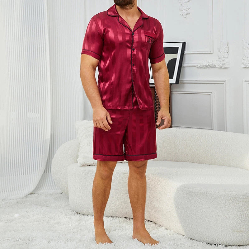 Mens Silk Satin Pajamas Set Sleepwear Stripe Short Sleeve PJ Set Top and Bottom