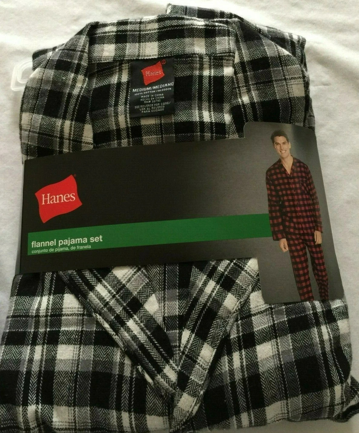 NWT Men's Hanes Flannel RED / BLACK Gray Plaid L/S Pant Set Pajamas PJs Cotton