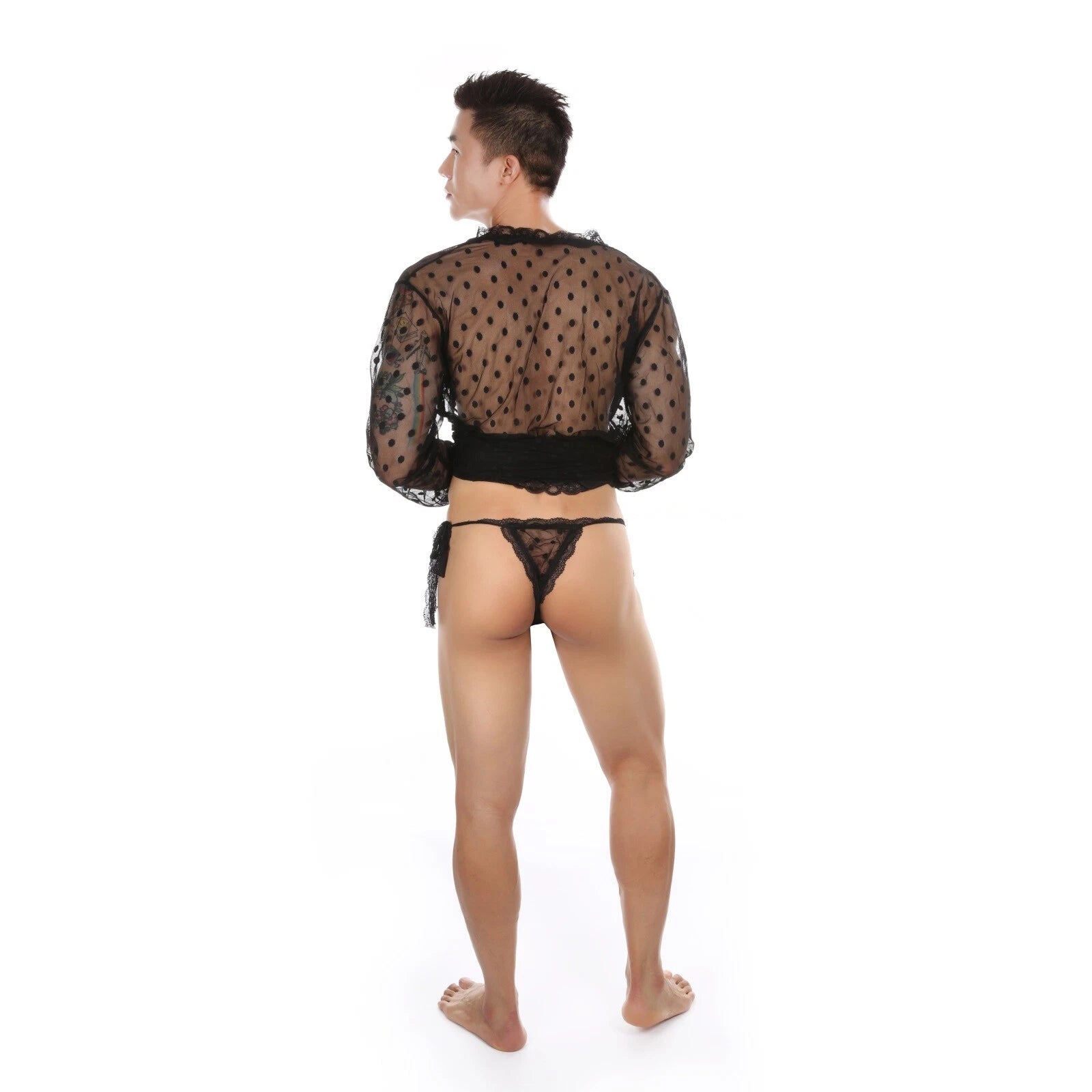 Mens Dress Long Sleeve Bathrobe Kimono Pajamas Lace Clear Thong Set-