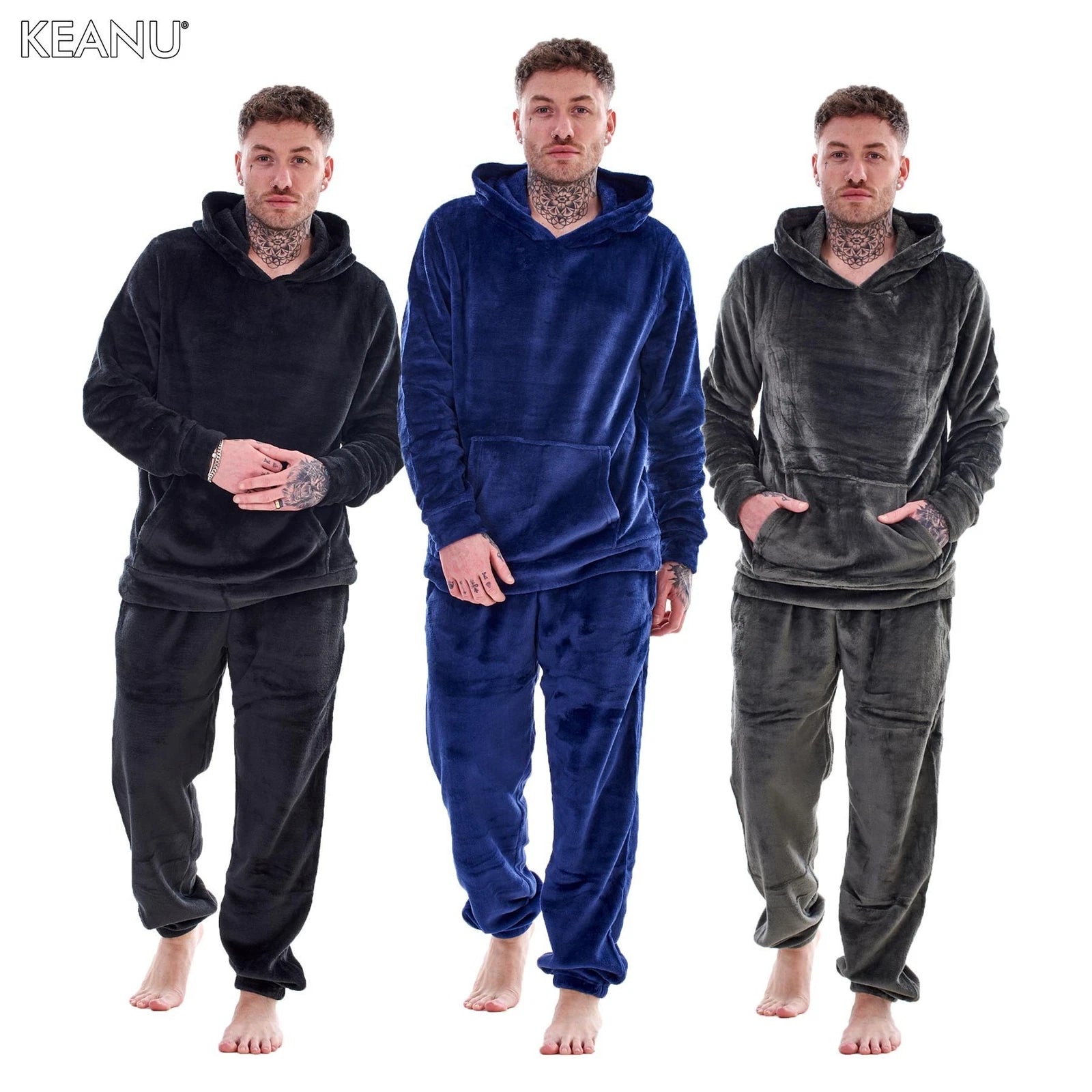 Mens Luxury Flannel Fleece Hooded Pyjamas Twosies Crew Neck Lounge Set Soft Warm