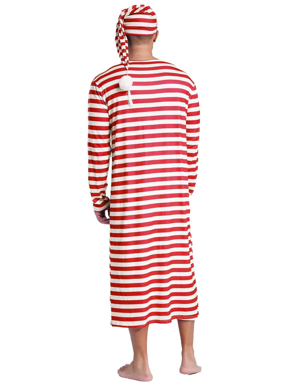 Men's Pajamas Set Long Sleeve Striped Robe Round Neck Loose Sleepwear with Hat