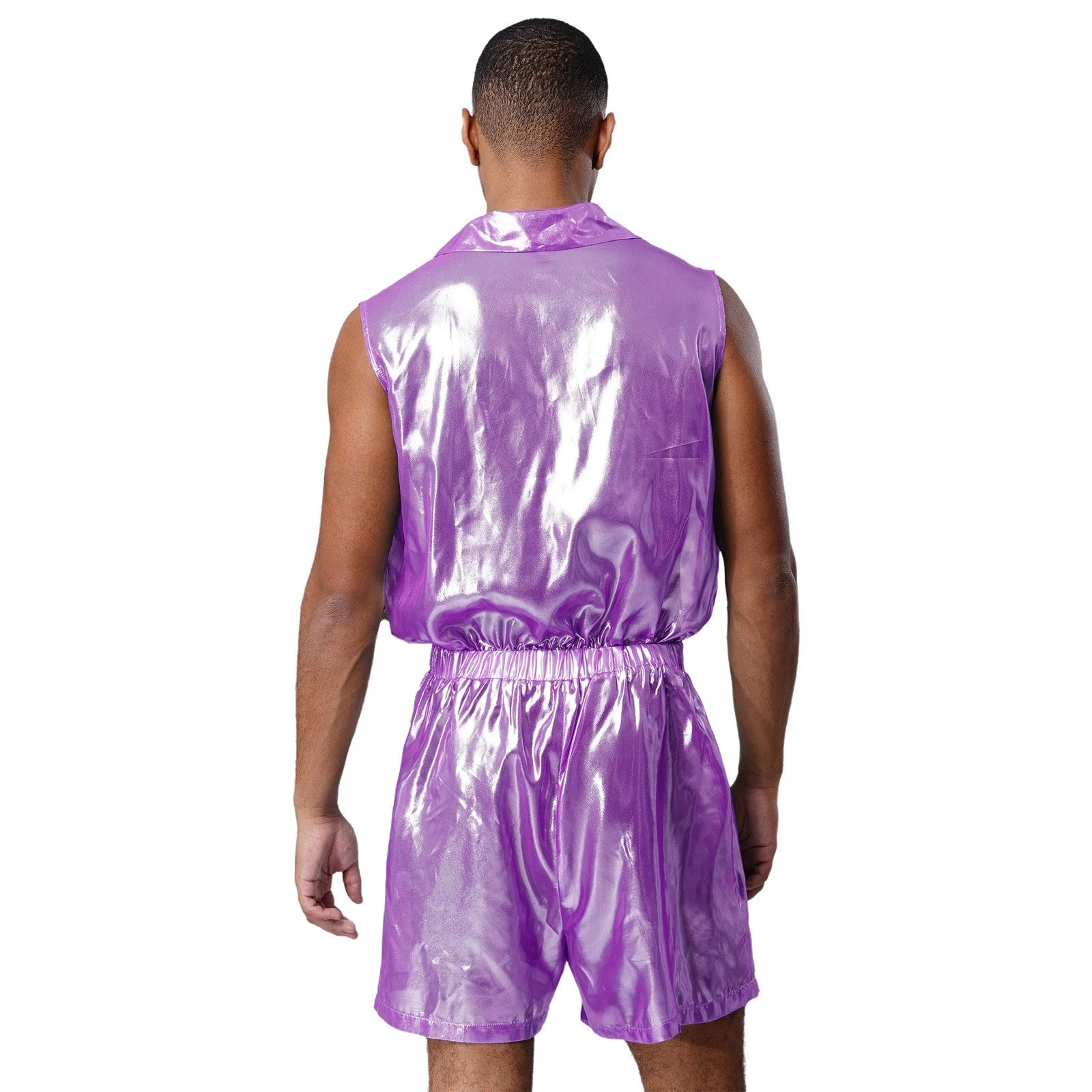Men Shiny Glossy See-Through Metallic Chiffon Jumpsuit Bodysuit /Pajama Set
