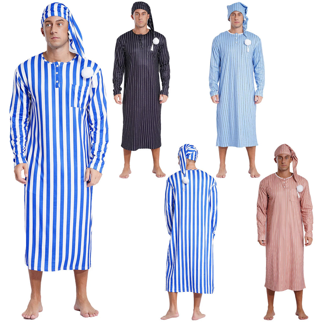 Mens Nightwear Halloween Nightgowns Plaid Pajamas Pompom Loungewear Nightshirt