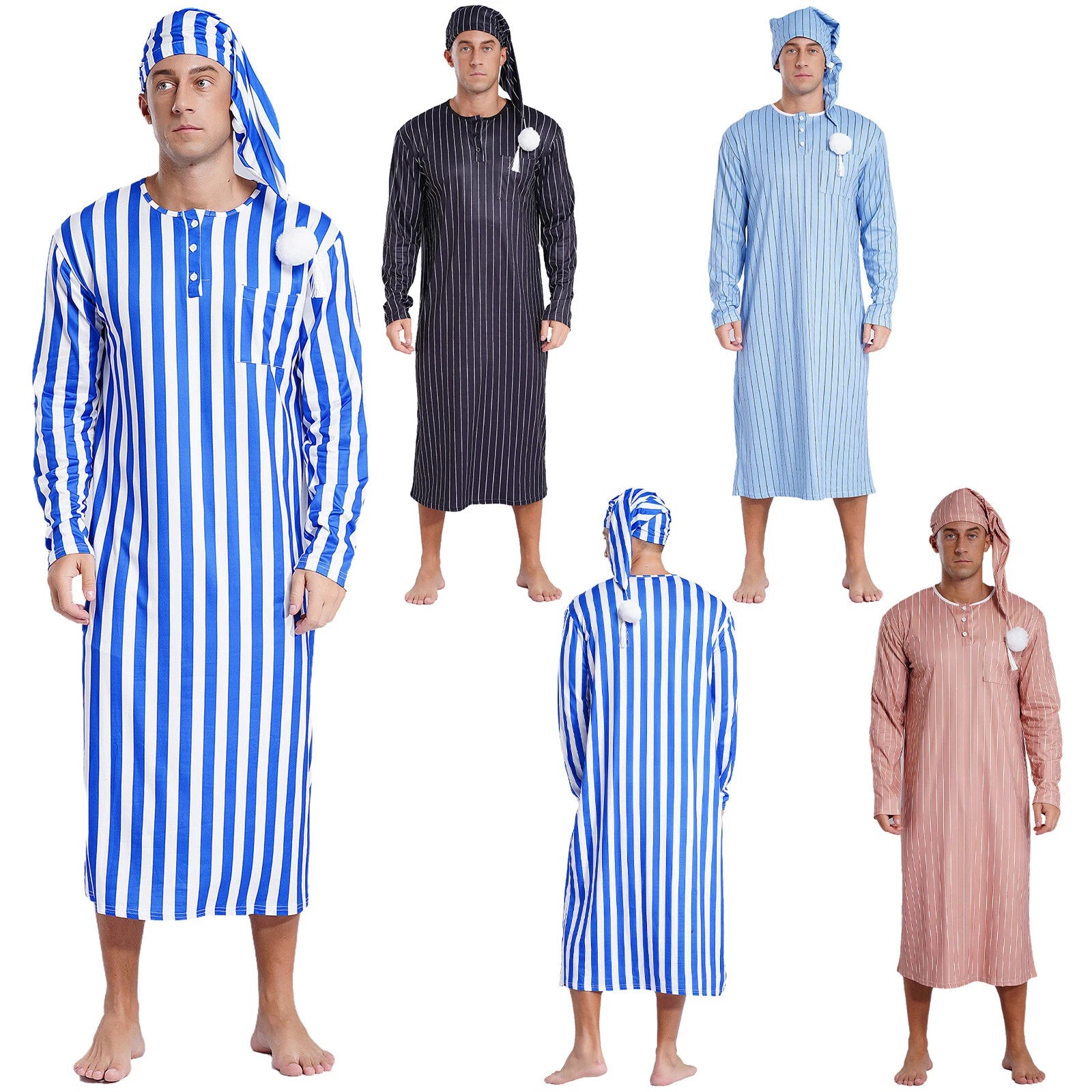 Mens Nightwear Halloween Nightgowns Plaid Pajamas Pompom Loungewear Nightshirt