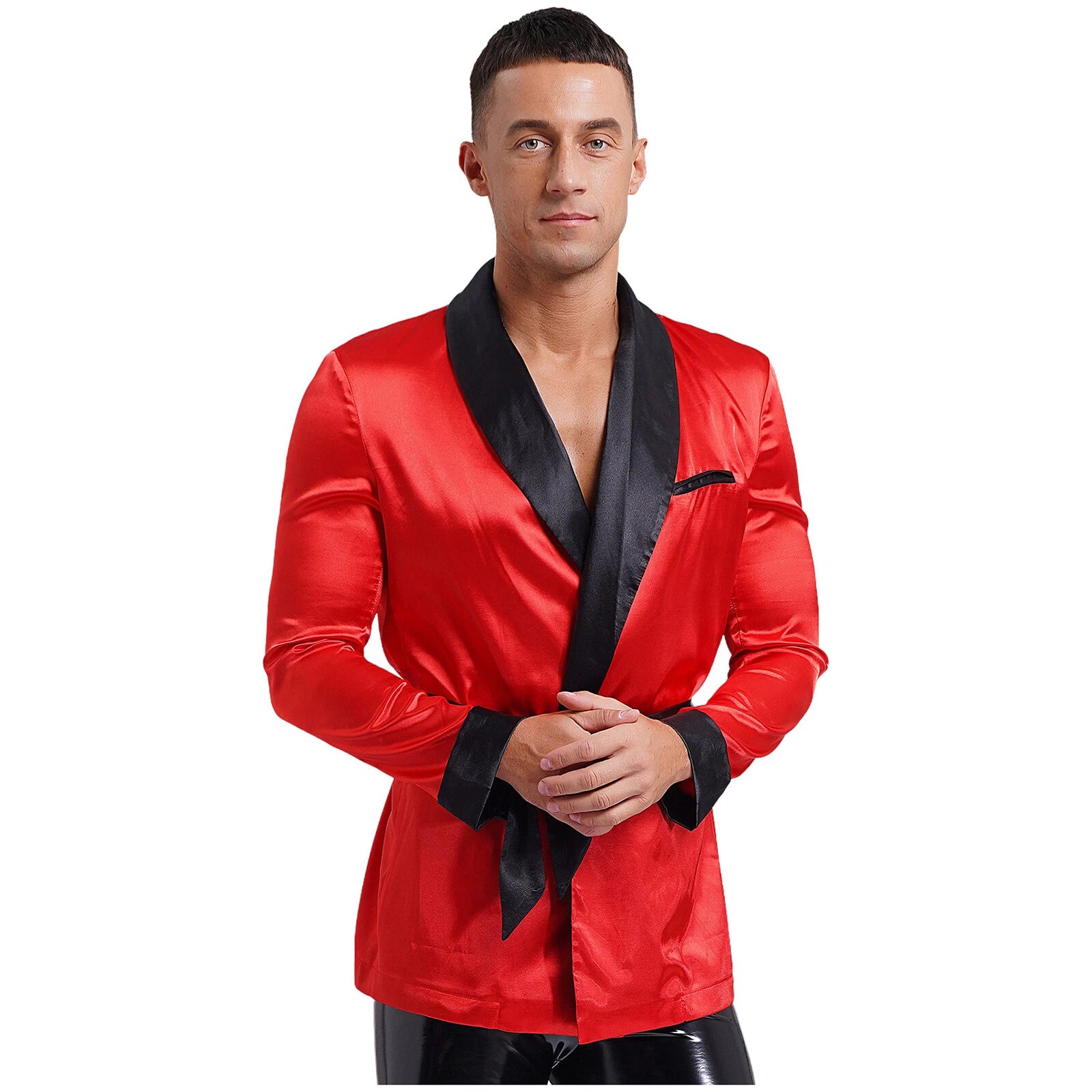 Men's Silk Satin Pajamas Set Short Sleeves Top and Bottom Boxer Shorts Shirt Set