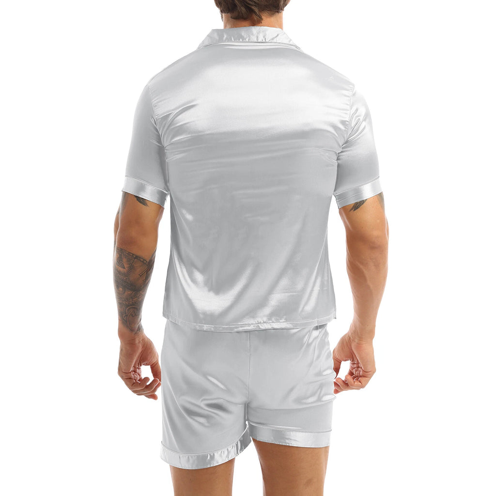 Mens Silk Satin Pajamas PJ Set Top and Bottom Shirts Shorts Sleepwear Nightwear