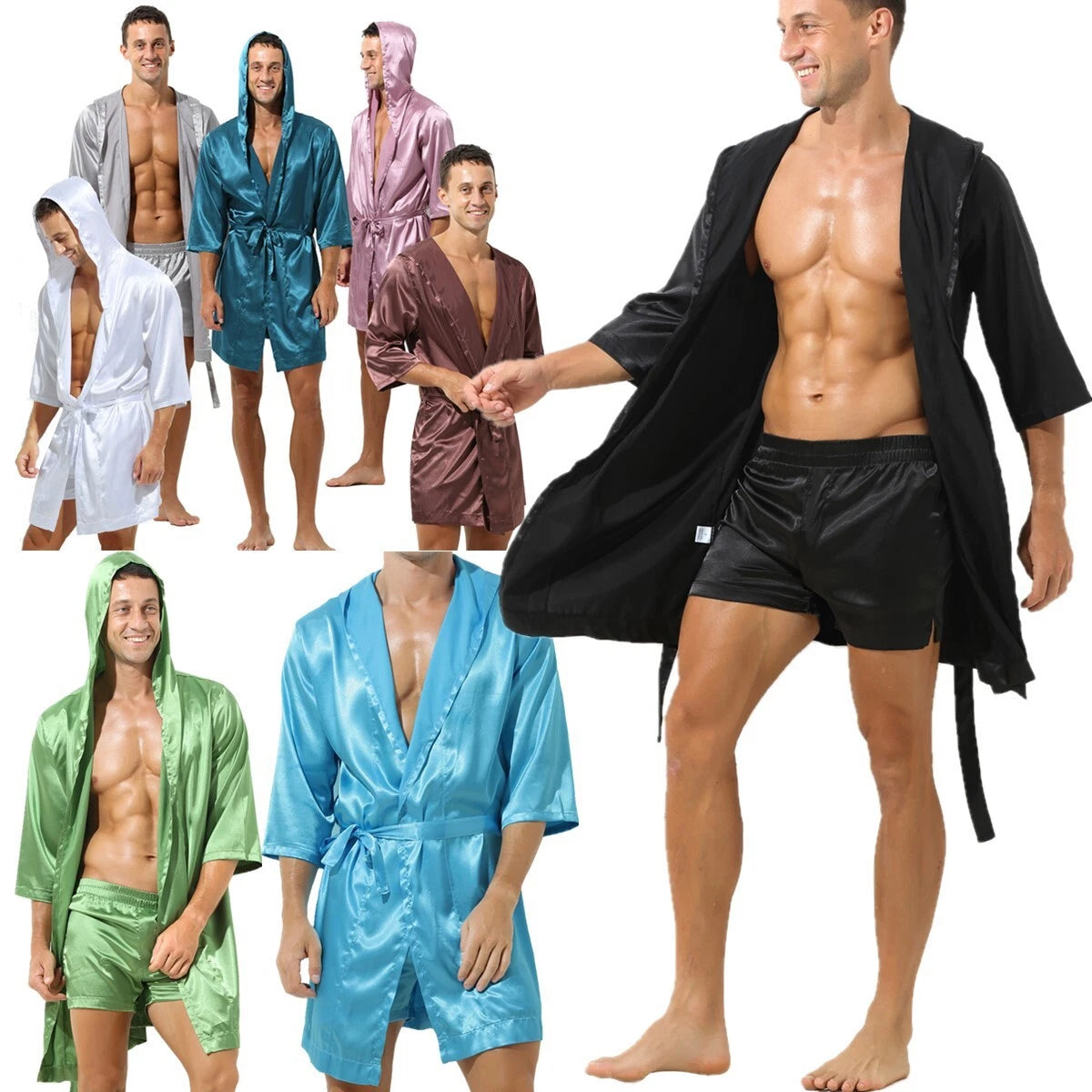 Mens Pajamas Set Night Sleep Robes Silk Satin Nightgown Bathrobe Shorts Homewear