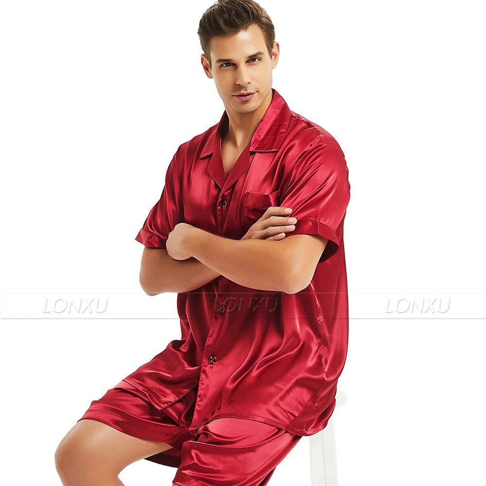 Mens Silk Satin Pajamas Set Short Sleeve+Short Pants Set Sleepwear Loungewear