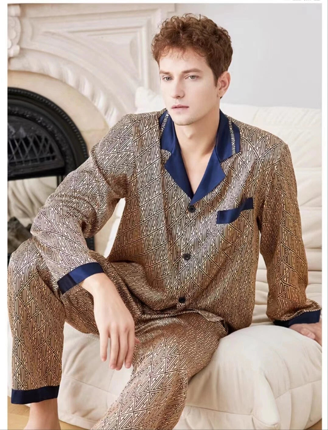 Men's 19MM 100% Pure Mulberry Silk Pajamas Set Print Silk Sleepwear M L XL
