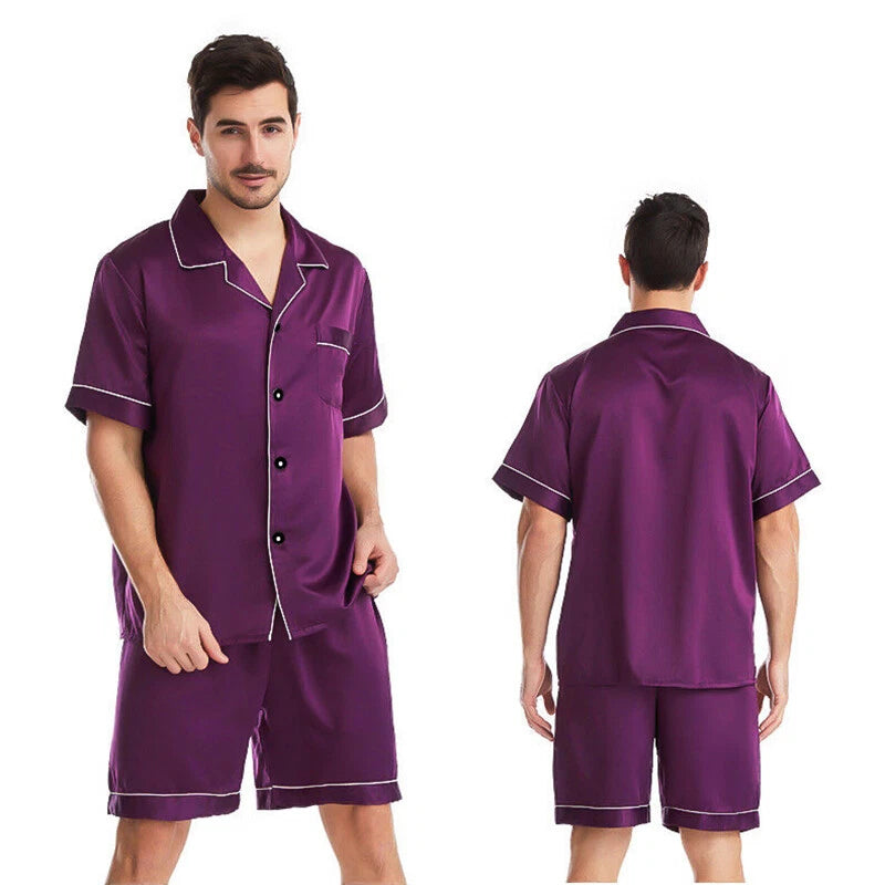 Mens Silk Satin Pajamas Pj Set Top and Shorts Sleepwear Nightwear Casual pijamas