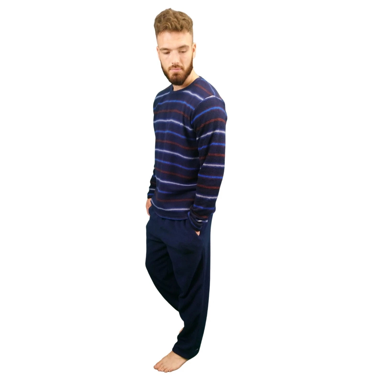 Mens Fleece Warm Soft Pyjamas Striped PJ Set Nightwear Nightsuit Pyjama S-4XL
