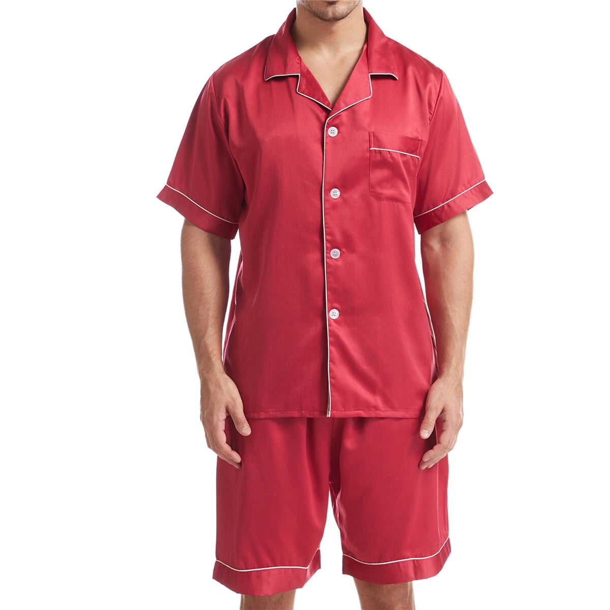 Men Satin Pajamas Set Shorts + Shirt Sleepwear Lounge Nightwear Buttons Outfit