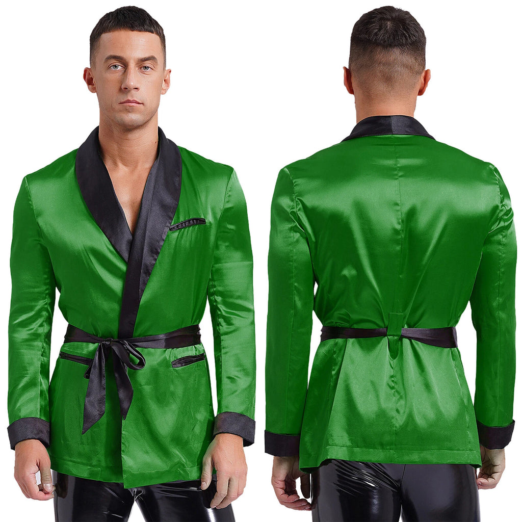 Men's Silk Satin Pajamas Set Short Sleeves Top and Bottom Boxer Shorts Shirt Set