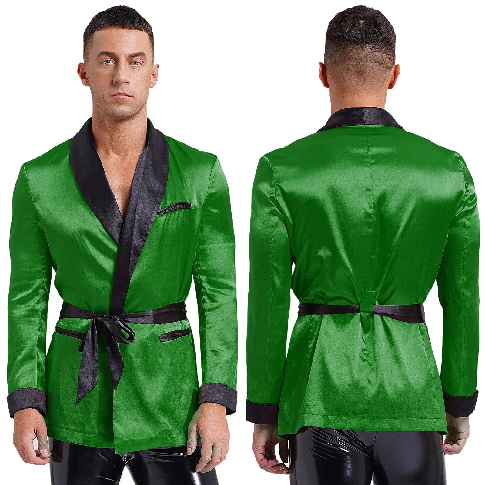Men's Silk Satin Pajamas Set Short Sleeves Top and Bottom Boxer Shorts Shirt Set