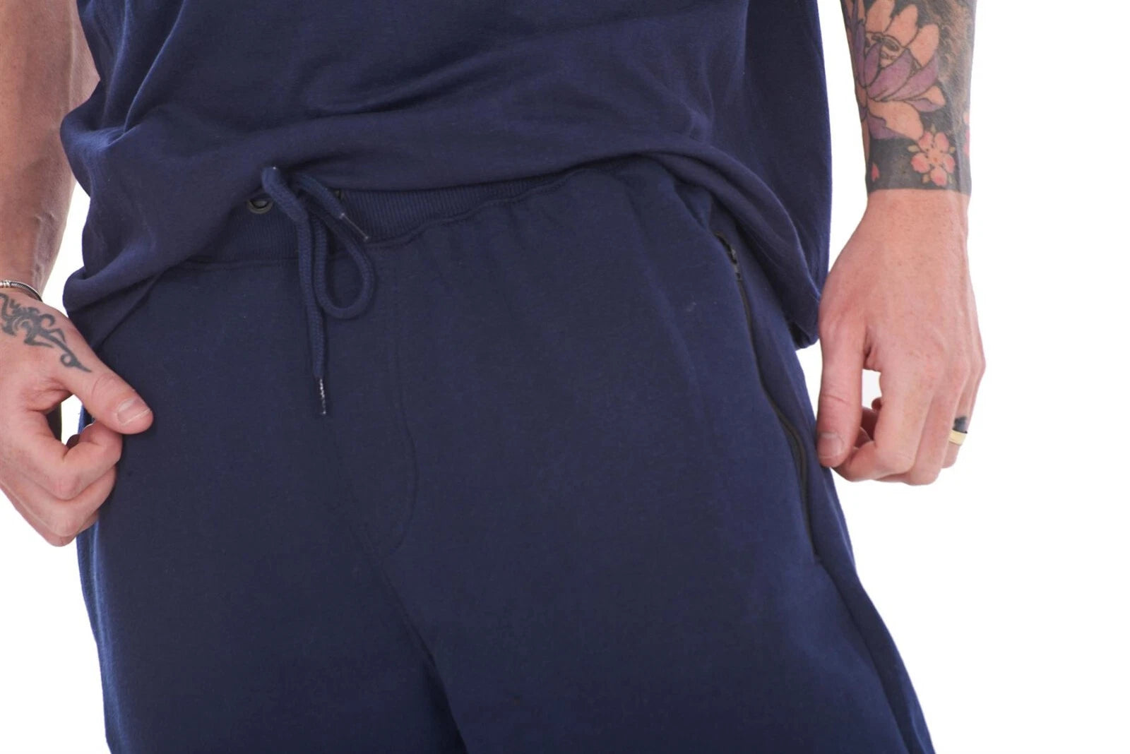 Mens Cotton Pyjama Short Set Jersey Round Neck Top Fleece Zipped Pockets Short
