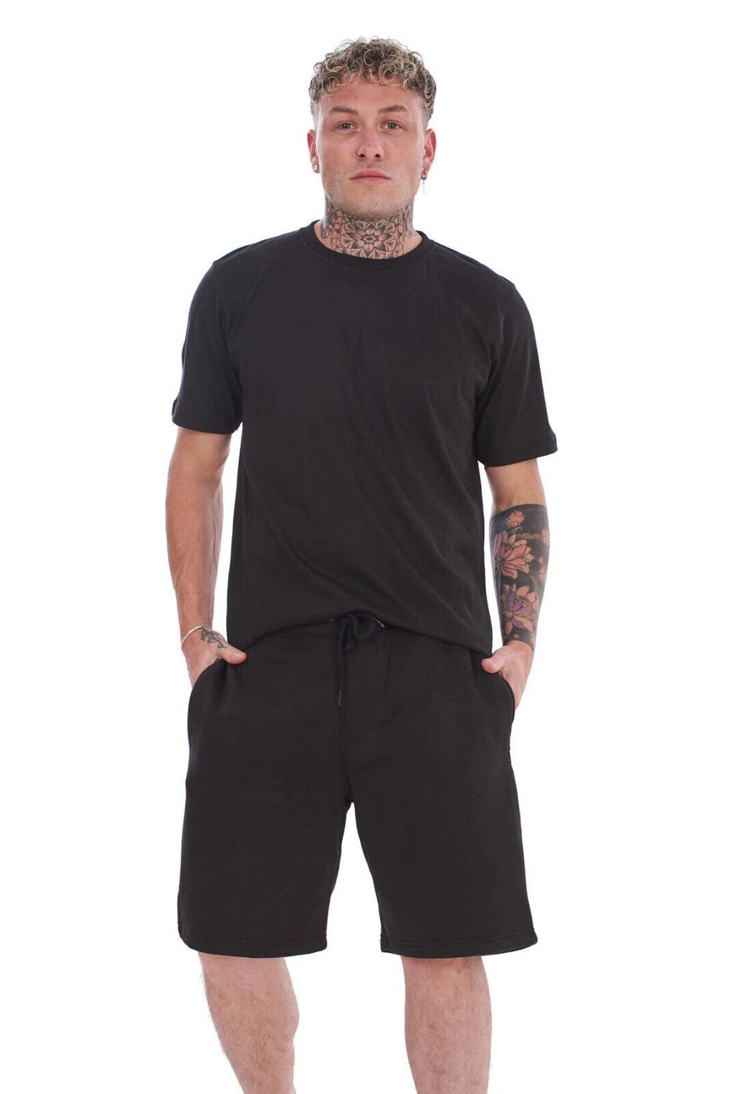 Mens Cotton Pyjama Short Set Jersey Round Neck Top Fleece Zipped Pockets Short