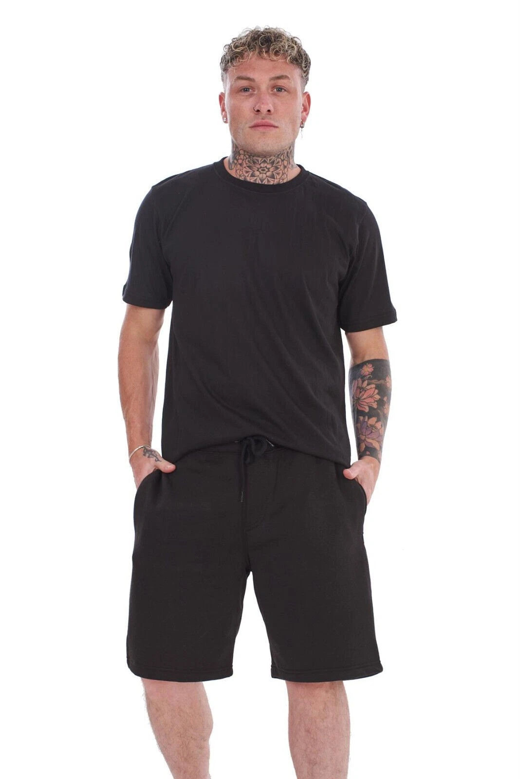 Mens Cotton Pyjama Short Set Jersey Round Neck Top Fleece Zipped Pockets Short