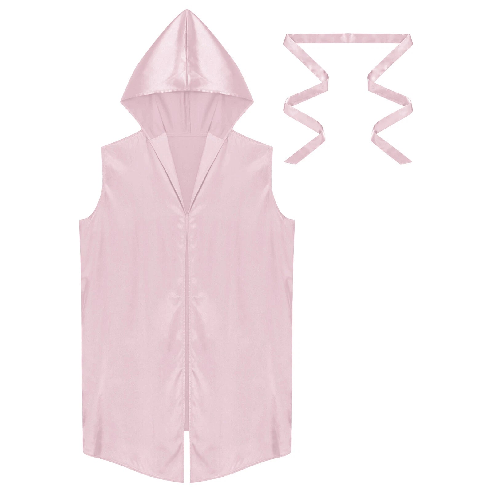 Men's Satiny Pajama Robe Set Sleeveless Silk Hooded Bathrobe with Belt Sleepwear