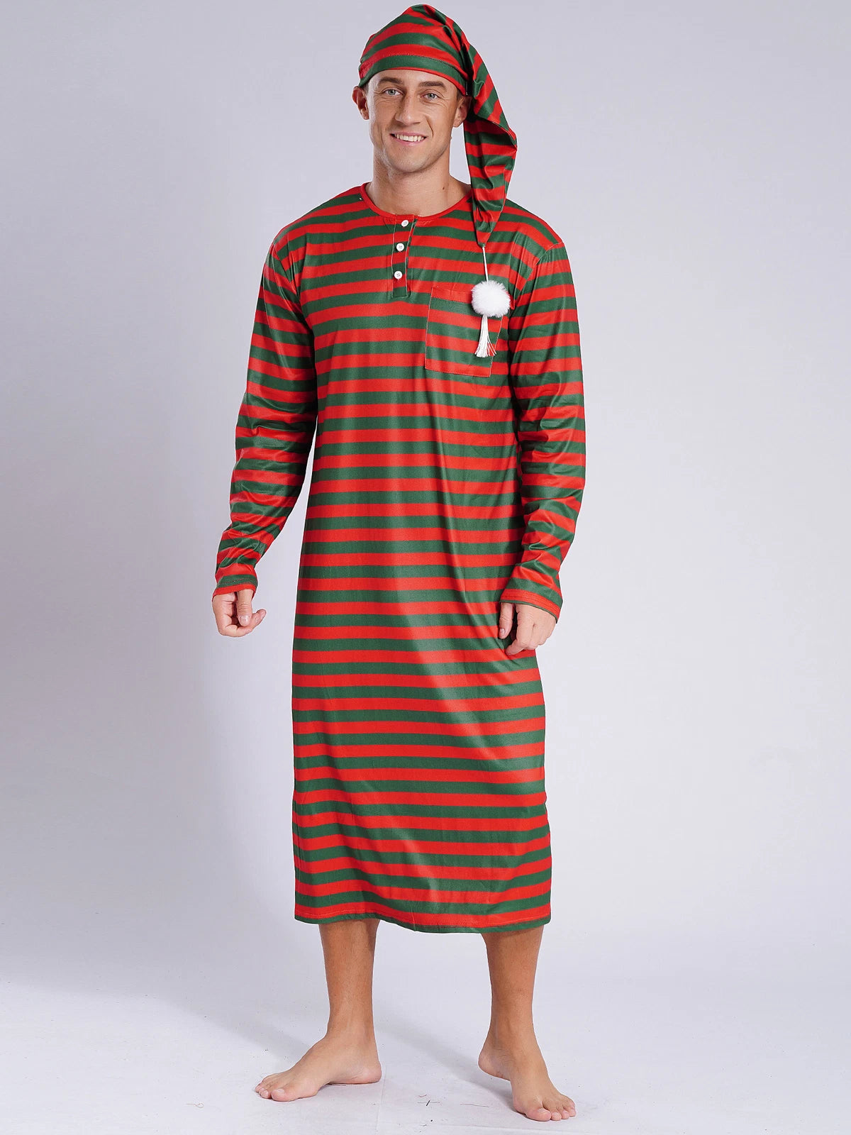 Men's Pajamas Set Long Sleeve Striped Robe Round Neck Loose Sleepwear with Hat