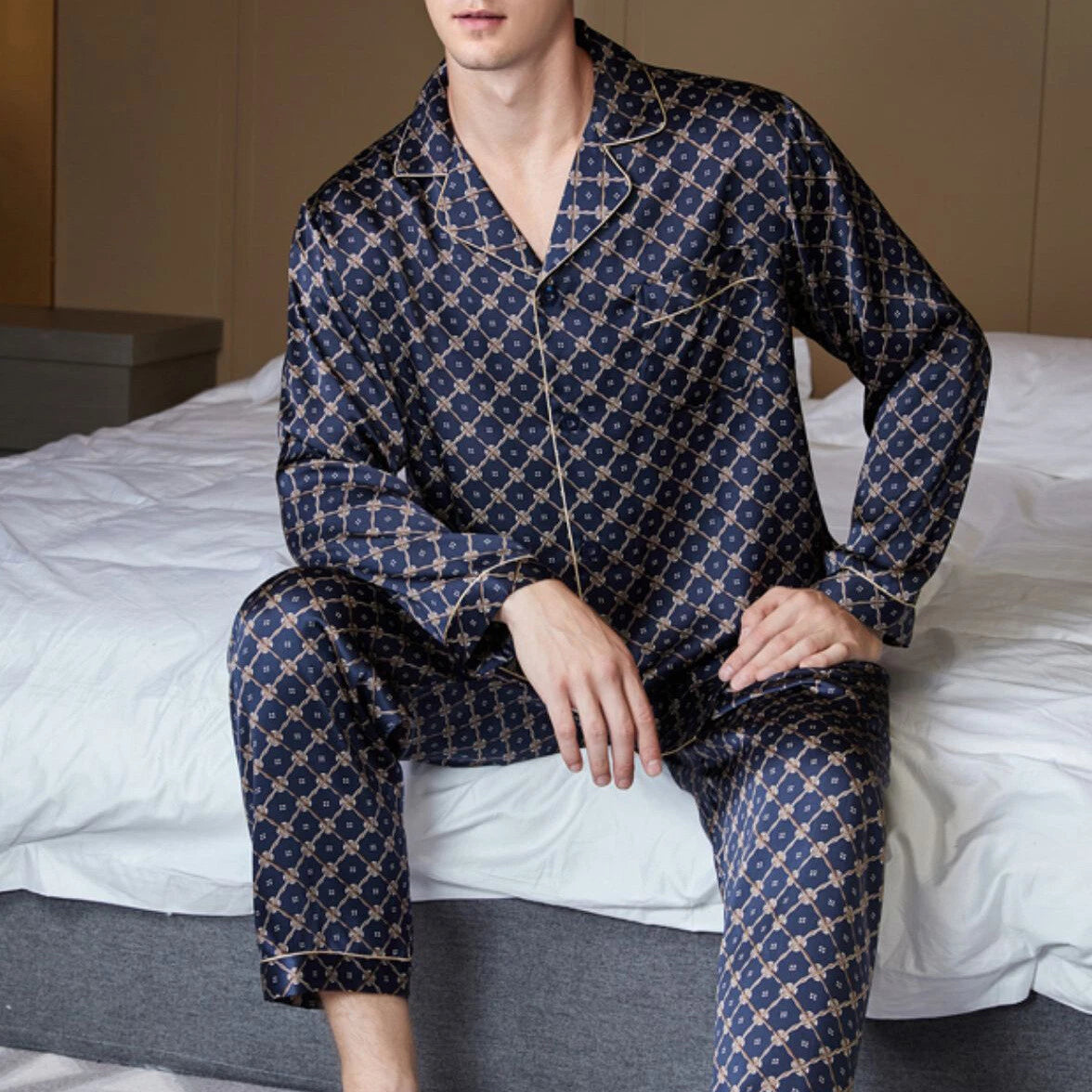 Men's 19MM 100% Pure Mulberry Silk Pajamas Set Long Sleeves Silk Sleepwear S~3XL