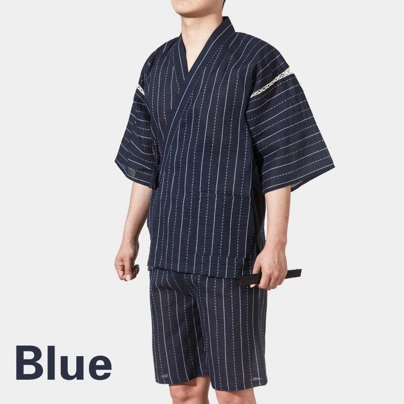 Men Japanese Kimono Pyjama Sets Yukata Jinbei Traditional Stripe Soft Nightwear